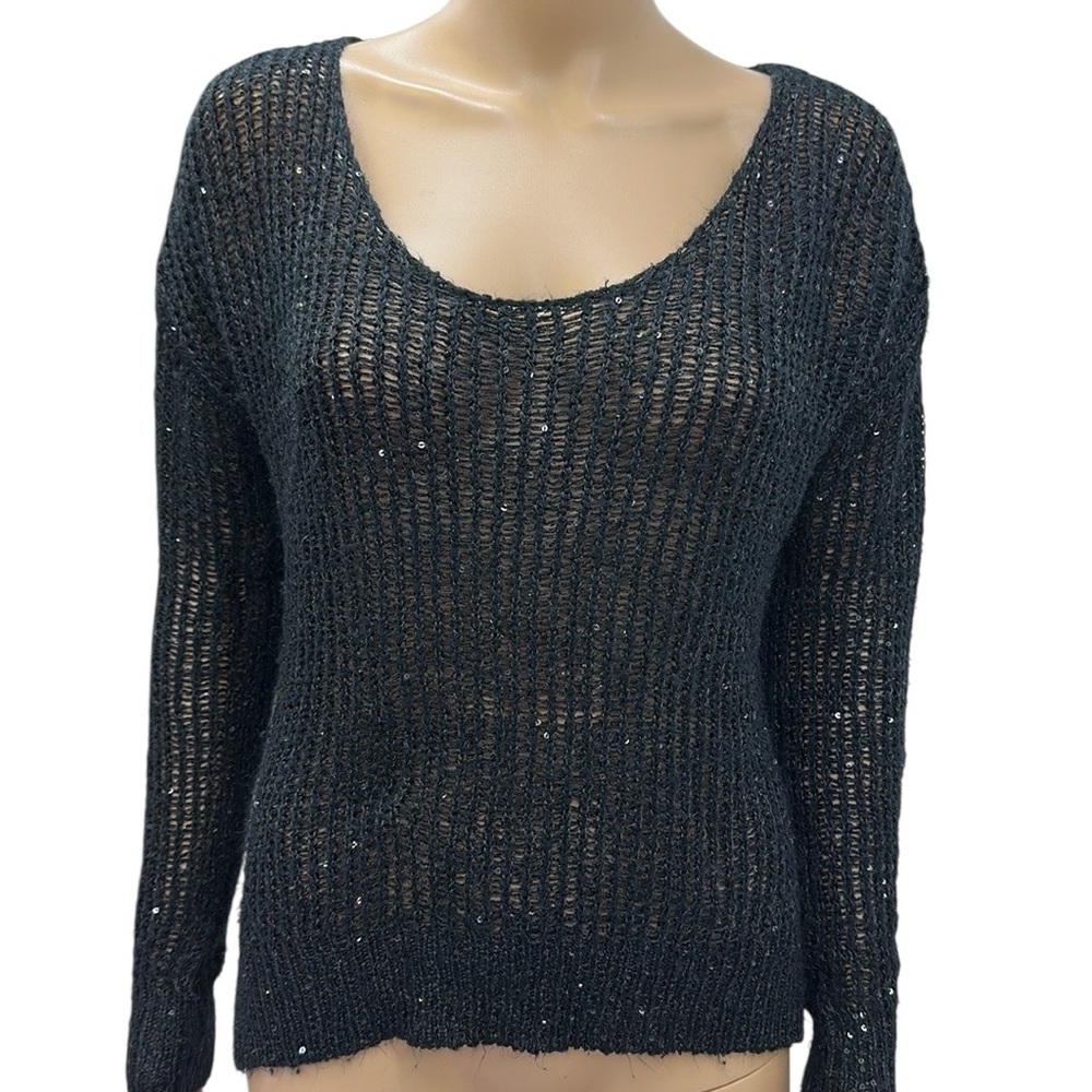 Sans Souci Black Open Knit Scoop Neck High Low Hem Sequin Embellished Sweater M